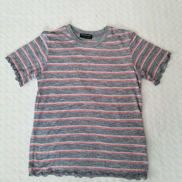 The Fifth Label T-Shirt Gray‎ Peach Striped Viscose Blend Thin Ruffle Hem Size M - Picture 2 of 10
